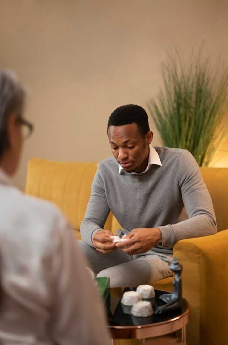 A client talks with a counselor
